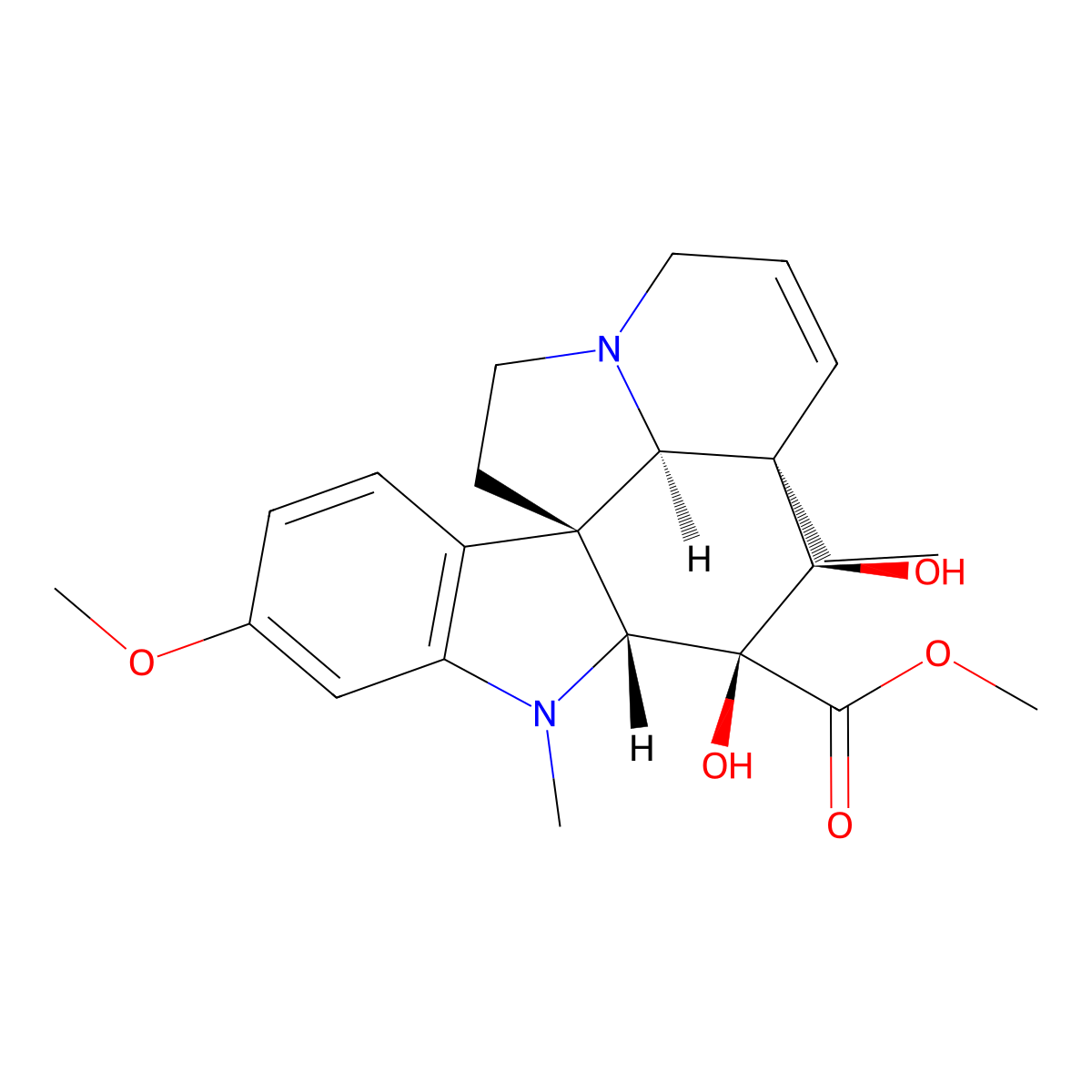 Aspidospermidine-3-carboxylic acid, 6,7-didehydro-3,4-dihydroxy-16-methoxy-1-methyl-, methyl ester, (2beta,3beta,4beta,5alpha,12R,19alpha)- molecular structure, CAS 3633-92-9