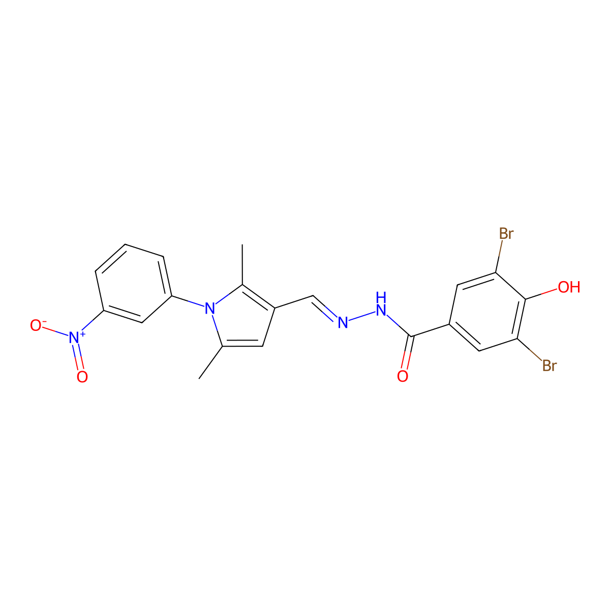 3,5-dibromo-N'-((E)-(2,5-dimethyl-1-(3-nitrophenyl)-1H-pyrrol-3-yl)methylidene)-4-hydroxybenzohydrazide molecular structure, CAS 363571-83-9