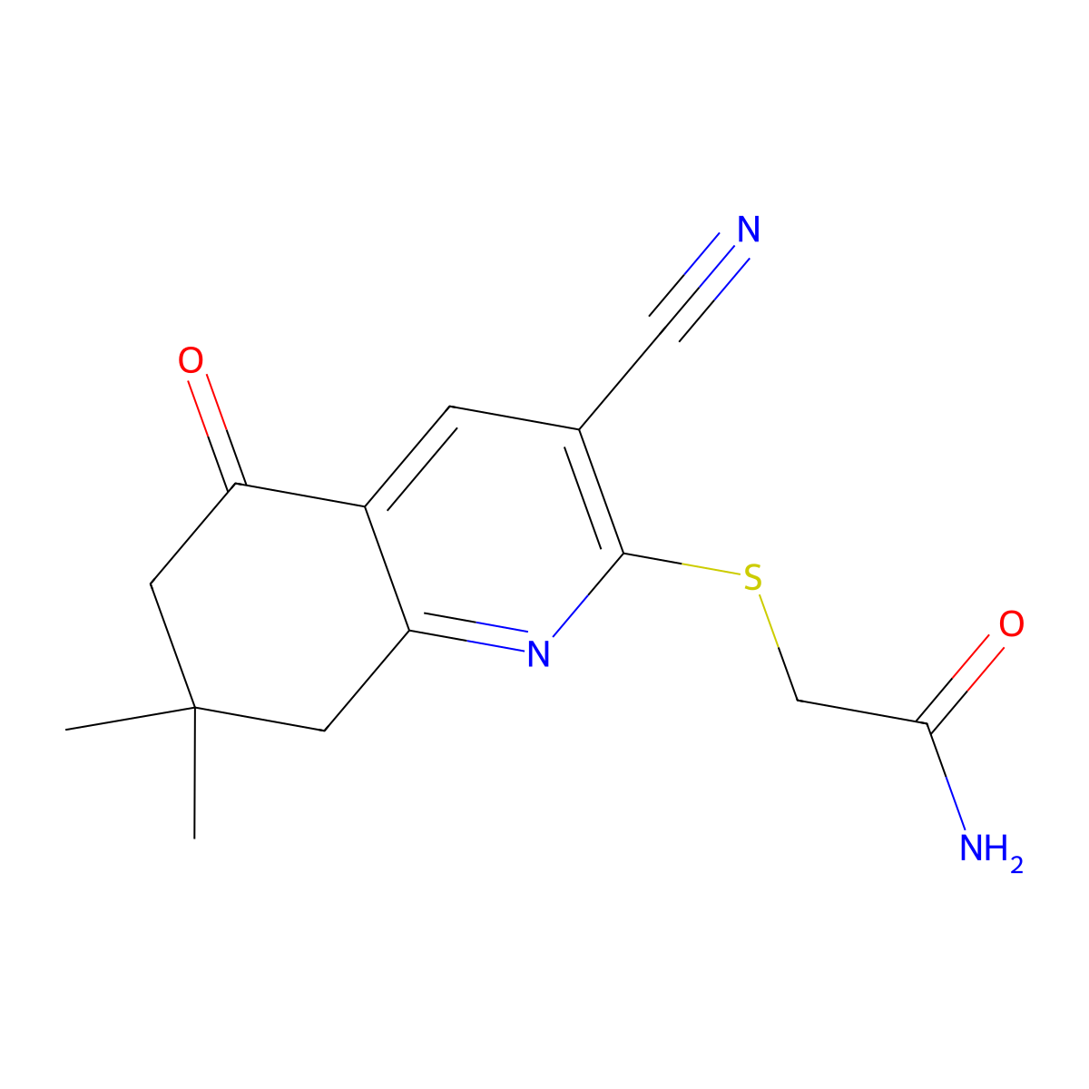 2-((3-Cyano-7,7-dimethyl-5-oxo-5,6,7,8-tetrahydroquinolin-2-yl)thio)acetamide molecular structure, CAS 363620-82-0