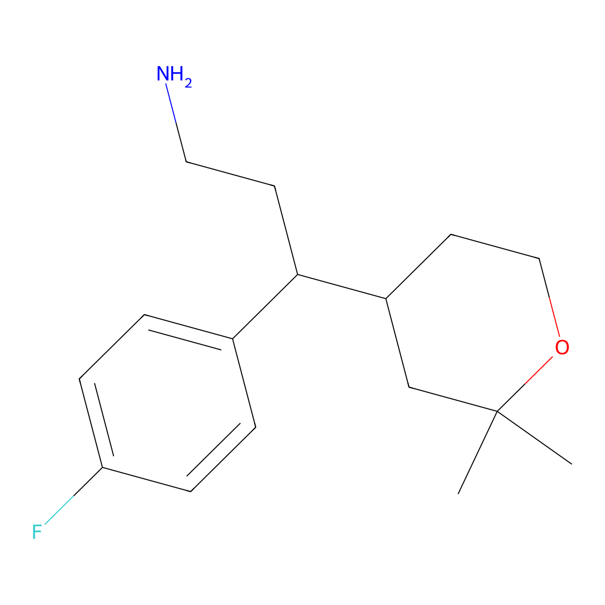 3-(2,2-Dimethyl-tetrahydro-pyran-4-yl)-3-(4-fluoro-phenyl)-propylamine molecular structure, CAS 363620-89-7
