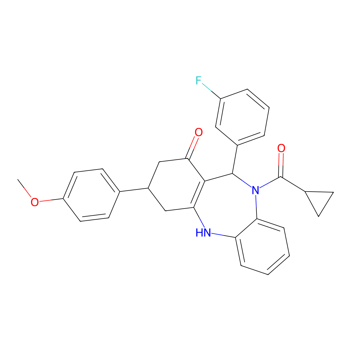 cyclopropyl[11-(3-fluorophenyl)-1-hydroxy-3-(4-methoxyphenyl)-2,3,4,11-tetrahydro-10H-dibenzo[b,e][1,4]diazepin-10-yl]methanone molecular structure, CAS 364337-74-6
