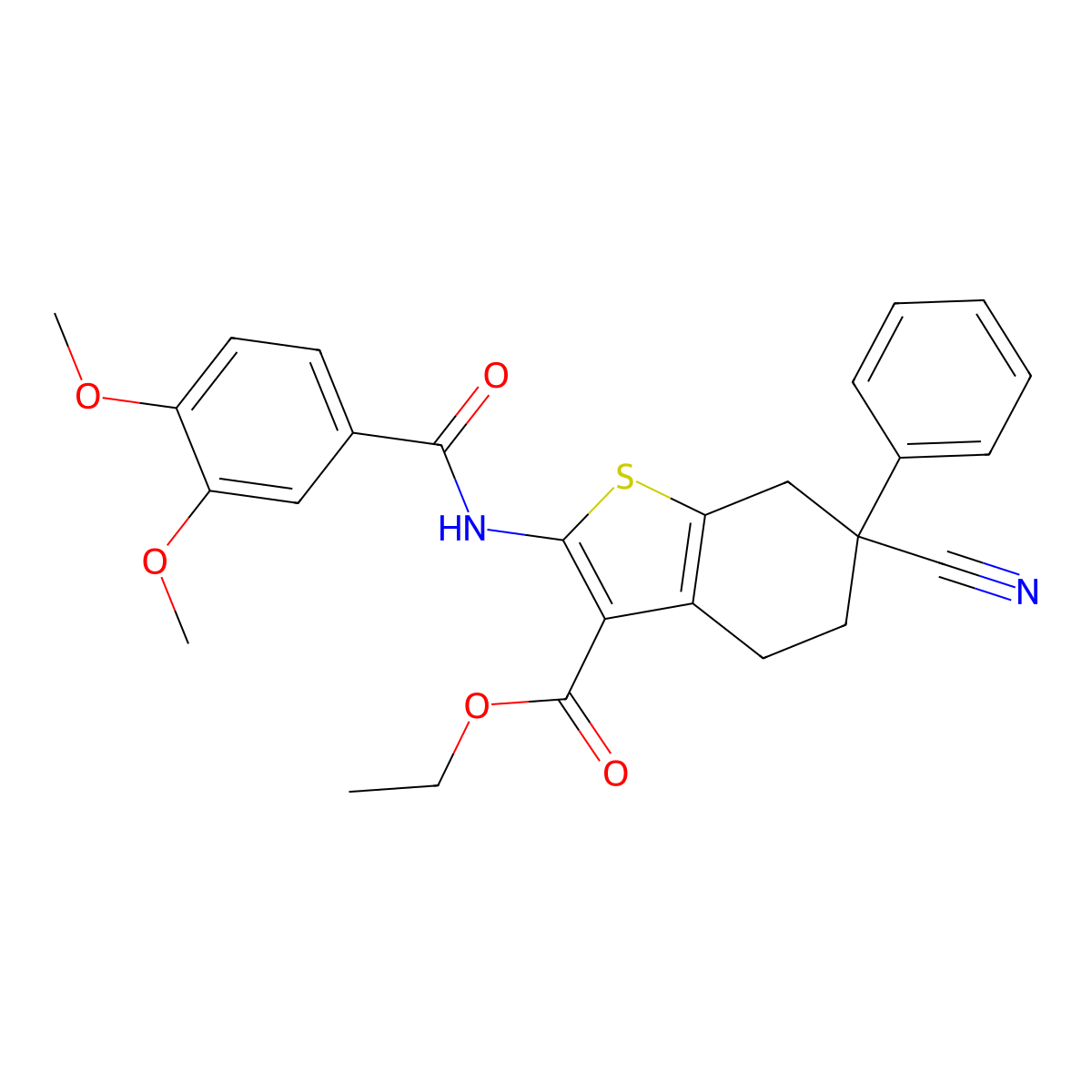 Ethyl 6-cyano-2-{[(3,4-dimethoxyphenyl)carbonyl]amino}-6-phenyl-4,5,6,7-tetrahydro-1-benzothiophene-3-carboxylate molecular structure, CAS 364337-94-0