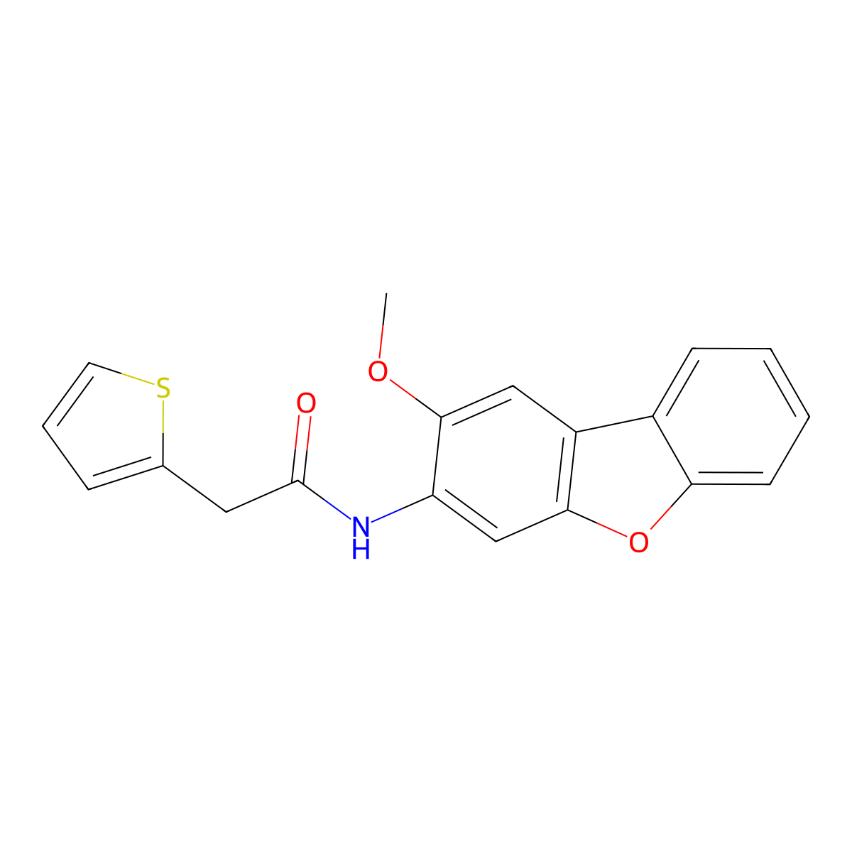 N-(2-methoxydibenzofuran-3-yl)-2-thiophen-2-ylacetamide molecular structure, CAS 364338-14-7