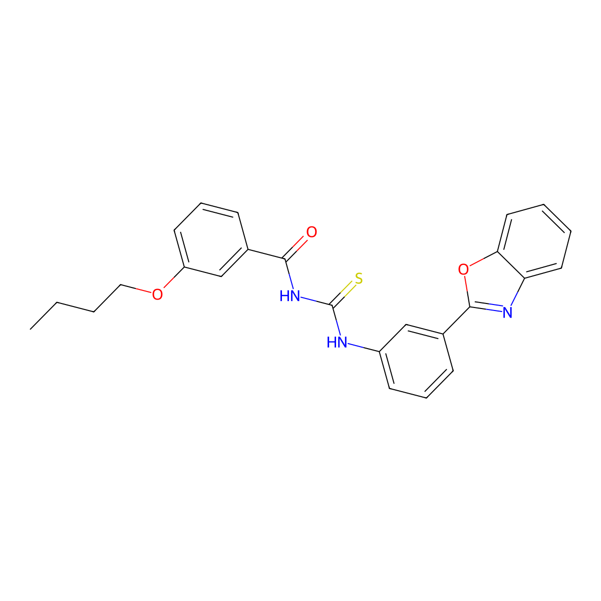N-[[3-(1,3-benzoxazol-2-yl)phenyl]carbamothioyl]-3-butoxybenzamide molecular structure, CAS 364339-46-8
