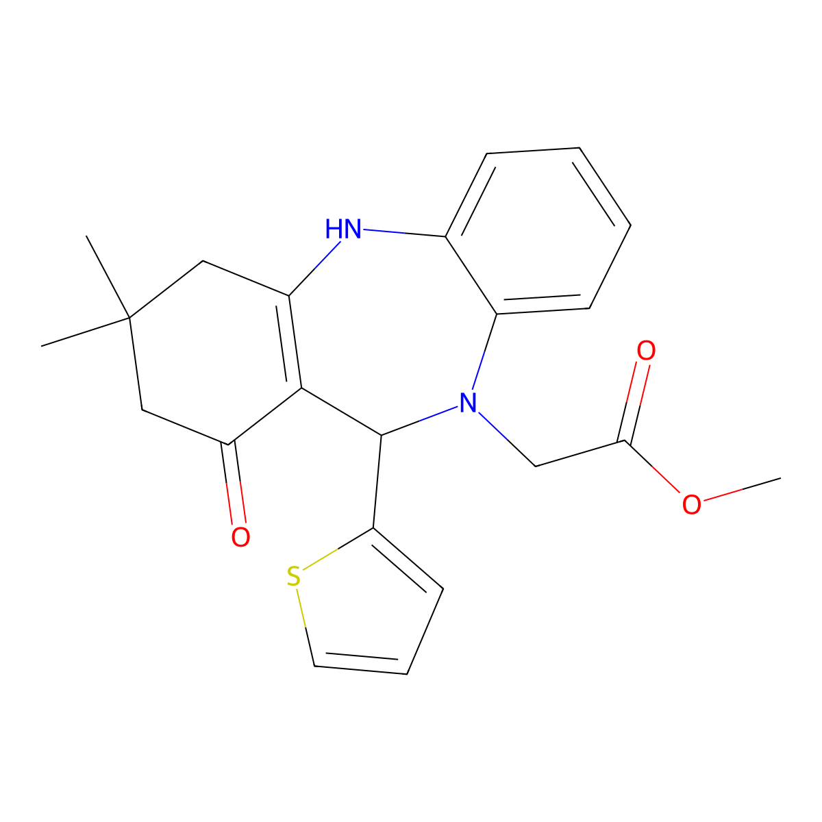 methyl 2-(3,3-dimethyl-1-oxo-11-(thiophen-2-yl)-3,4-dihydro-1H-dibenzo[b,e][1,4]diazepin-10(2H,5H,11H)-yl)acetate molecular structure, CAS 364340-57-8