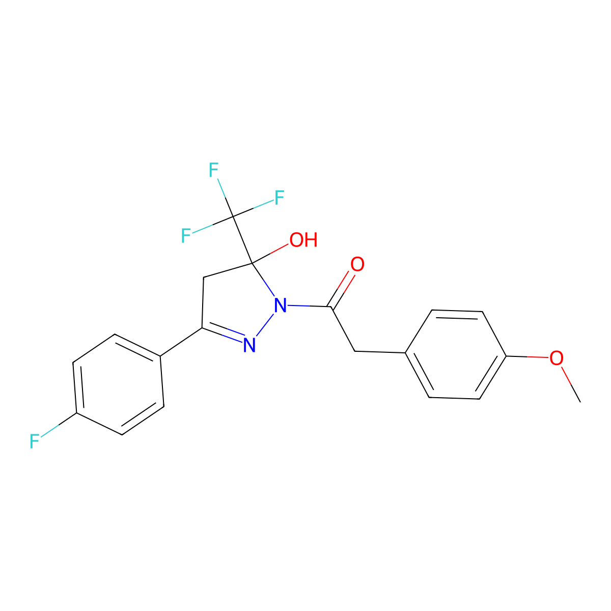 1-[3-(4-fluorophenyl)-5-hydroxy-5-(trifluoromethyl)-4H-pyrazol-1-yl]-2-(4-methoxyphenyl)ethanone molecular structure, CAS 364341-45-7