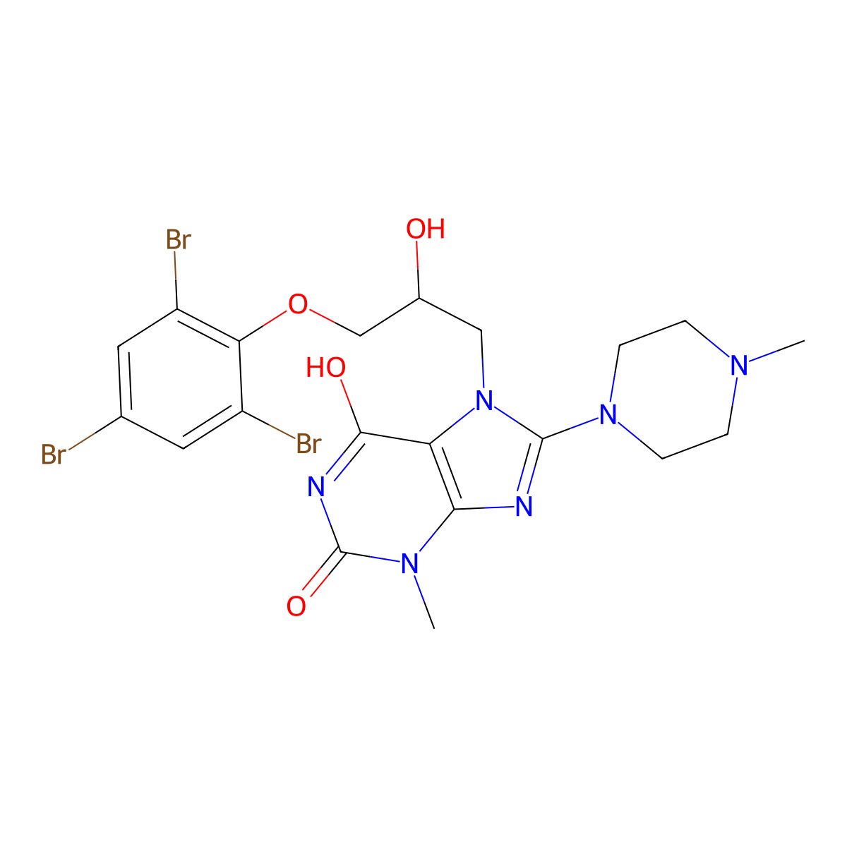 7-(2-hydroxy-3-(2,4,6-tribromophenoxy)propyl)-3-methyl-8-(4-methylpiperazin-1-yl)-1H-purine-2,6(3H,7H)-dione molecular structure, CAS 364371-37-9