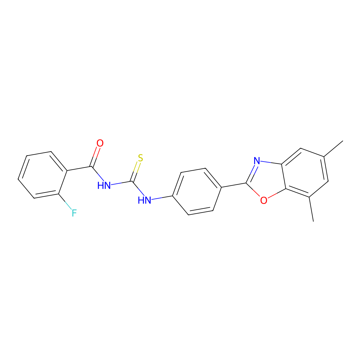 N-[[4-(5,7-dimethyl-1,3-benzoxazol-2-yl)phenyl]carbamothioyl]-2-fluorobenzamide molecular structure, CAS 364381-21-5