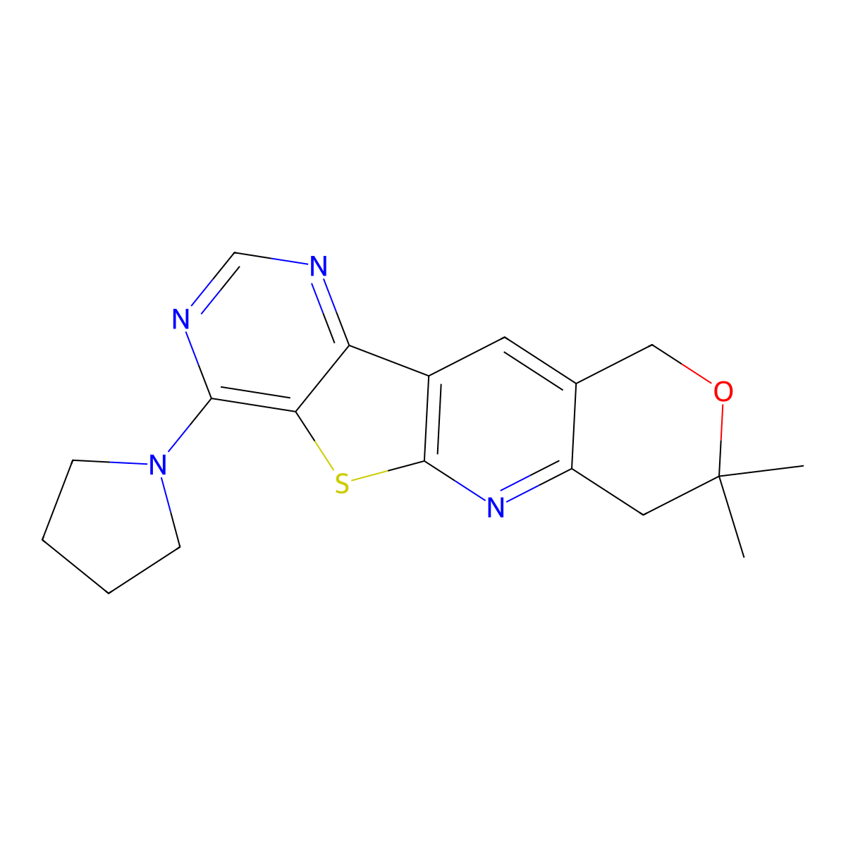 8,8-dimethyl-4-(pyrrolidin-1-yl)-7,10-dihydro-8H-pyrano[3'',4'':5',6']pyrido[3',2':4,5]thieno[3,2-d]pyrimidine molecular structure, CAS 364381-26-0