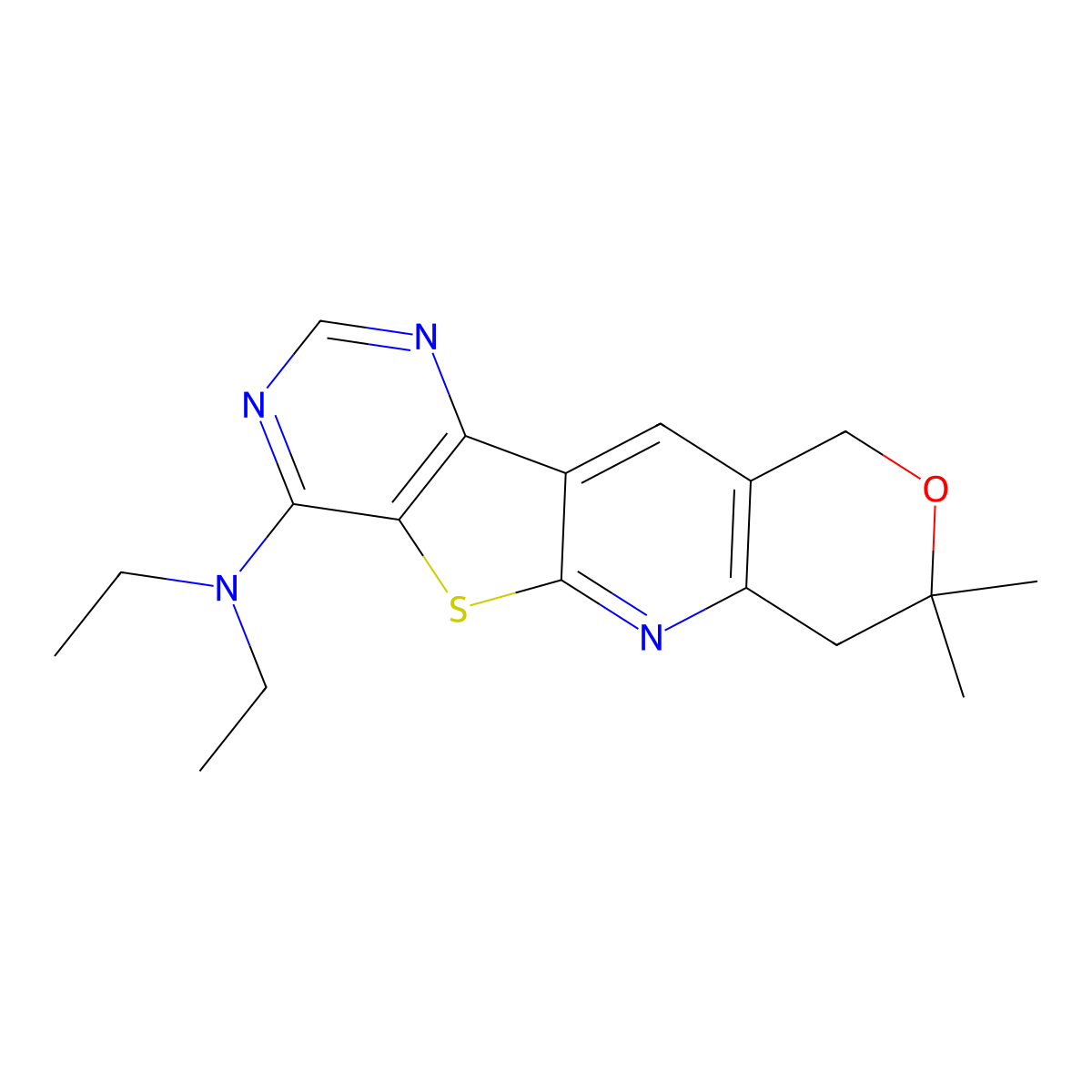 N,N-diethyl-8,8-dimethyl-8,10-dihydro-7H-pyrano[3'',4'':5',6']pyrido[3',2':4,5]thieno[3,2-d]pyrimidin-4-amine molecular structure, CAS 364382-62-7