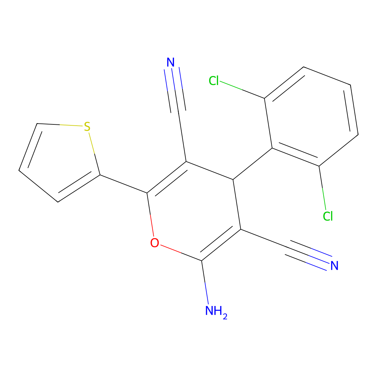 2-amino-4-(2,6-dichlorophenyl)-6-(thiophen-2-yl)-4H-pyran-3,5-dicarbonitrile molecular structure, CAS 364383-47-1