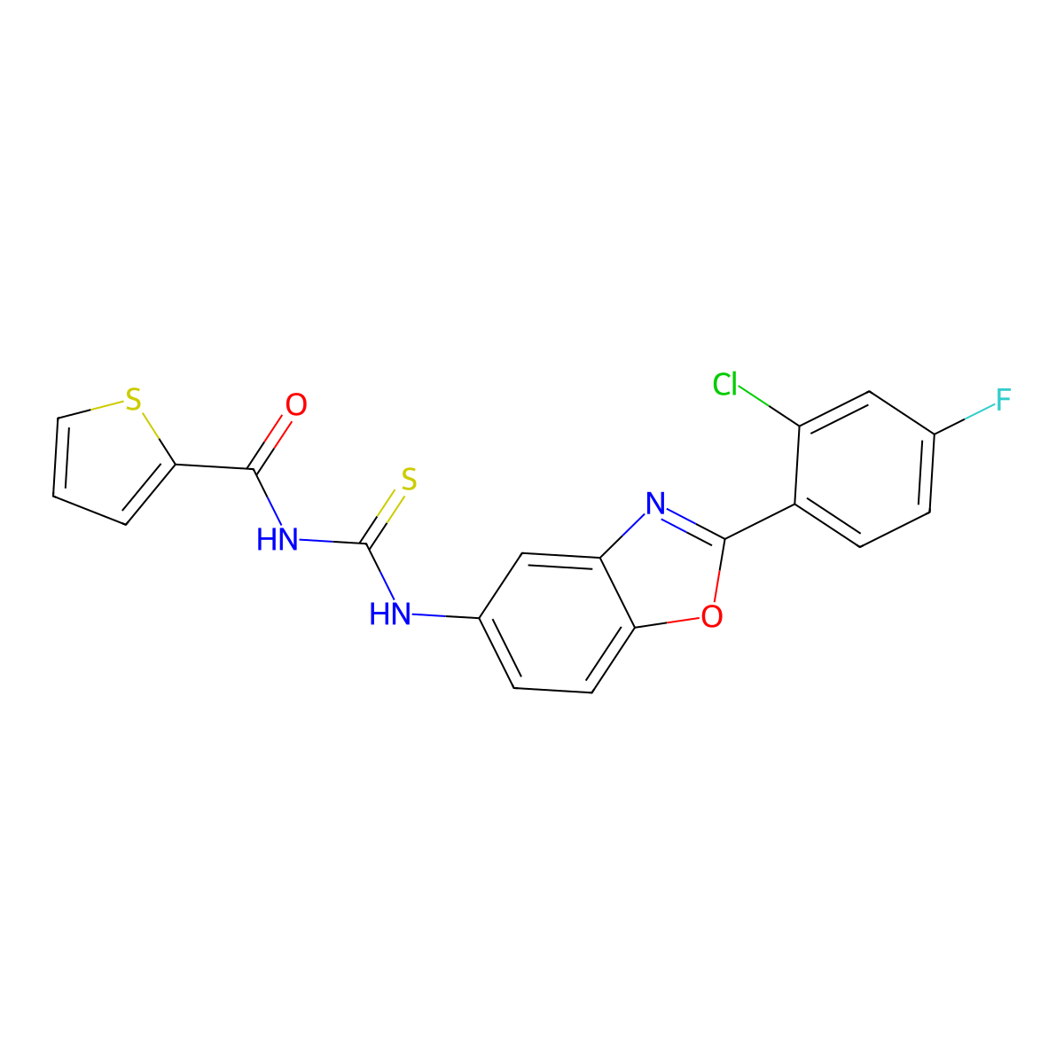 N-[[2-(2-chloro-4-fluorophenyl)-1,3-benzoxazol-5-yl]carbamothioyl]thiophene-2-carboxamide molecular structure, CAS 364384-78-1