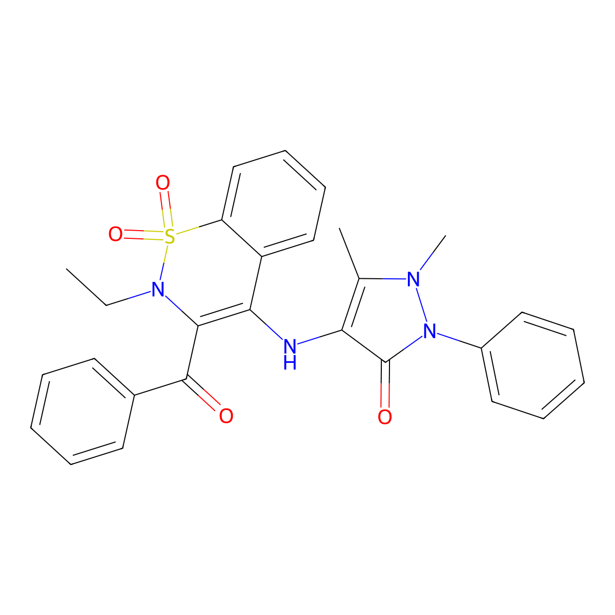 4-[(3-benzoyl-2-ethyl-1,1-dioxido-2H-1,2-benzothiazin-4-yl)amino]-1,5-dimethyl-2-phenyl-1,2-dihydro-3H-pyrazol-3-one molecular structure, CAS 364595-17-5