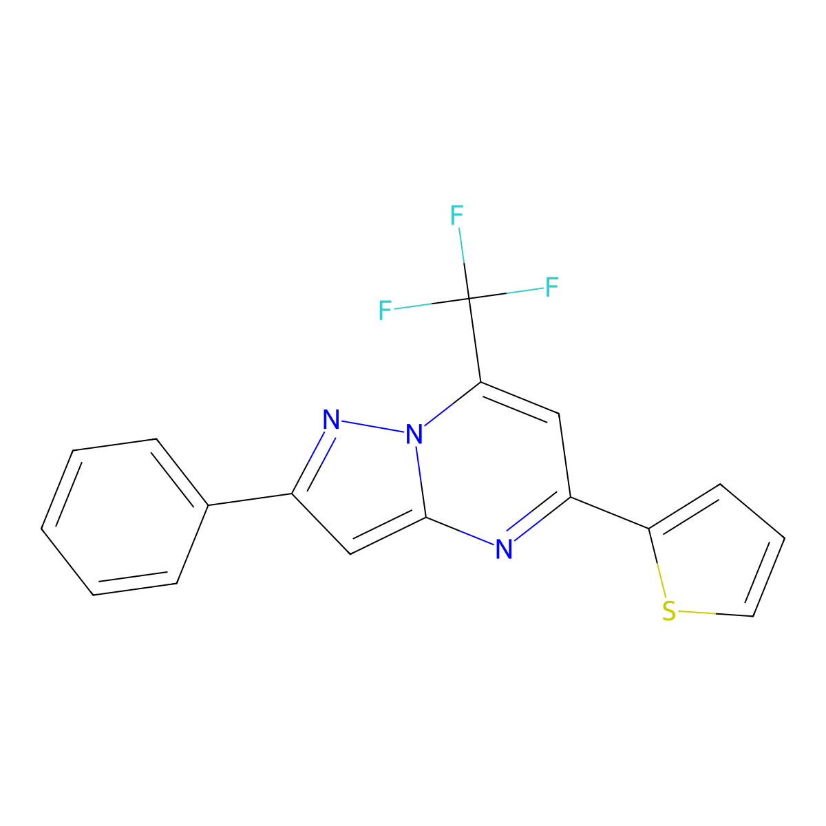 2-Phenyl-5-(thiophen-2-yl)-7-(trifluoromethyl)pyrazolo[1,5-a]pyrimidine molecular structure, CAS 364601-32-1
