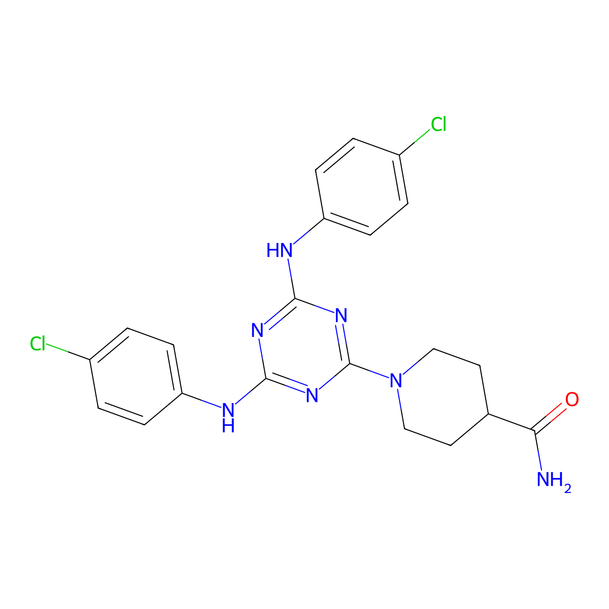 1-{4,6-Bis[(4-chlorophenyl)amino]-1,3,5-triazin-2-yl}piperidine-4-carboxamide molecular structure, CAS 364601-47-8