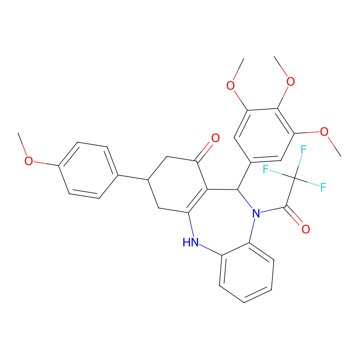 2,2,2-trifluoro-1-[1-hydroxy-3-(4-methoxyphenyl)-11-(3,4,5-trimethoxyphenyl)-2,3,4,11-tetrahydro-10H-dibenzo[b,e][1,4]diazepin-10-yl]ethanone molecular structure, CAS 364601-90-1