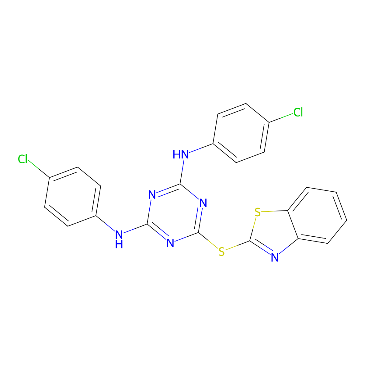 6-(1,3-benzothiazol-2-ylsulfanyl)-N,N'-bis(4-chlorophenyl)-1,3,5-triazine-2,4-diamine molecular structure, CAS 364602-07-3