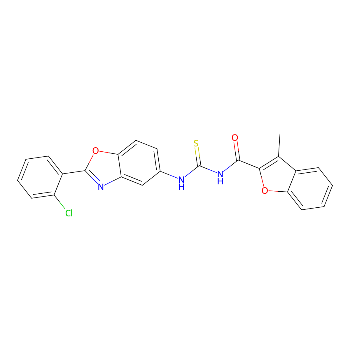 N-[[2-(2-chlorophenyl)-1,3-benzoxazol-5-yl]carbamothioyl]-3-methyl-1-benzofuran-2-carboxamide molecular structure, CAS 364602-62-0