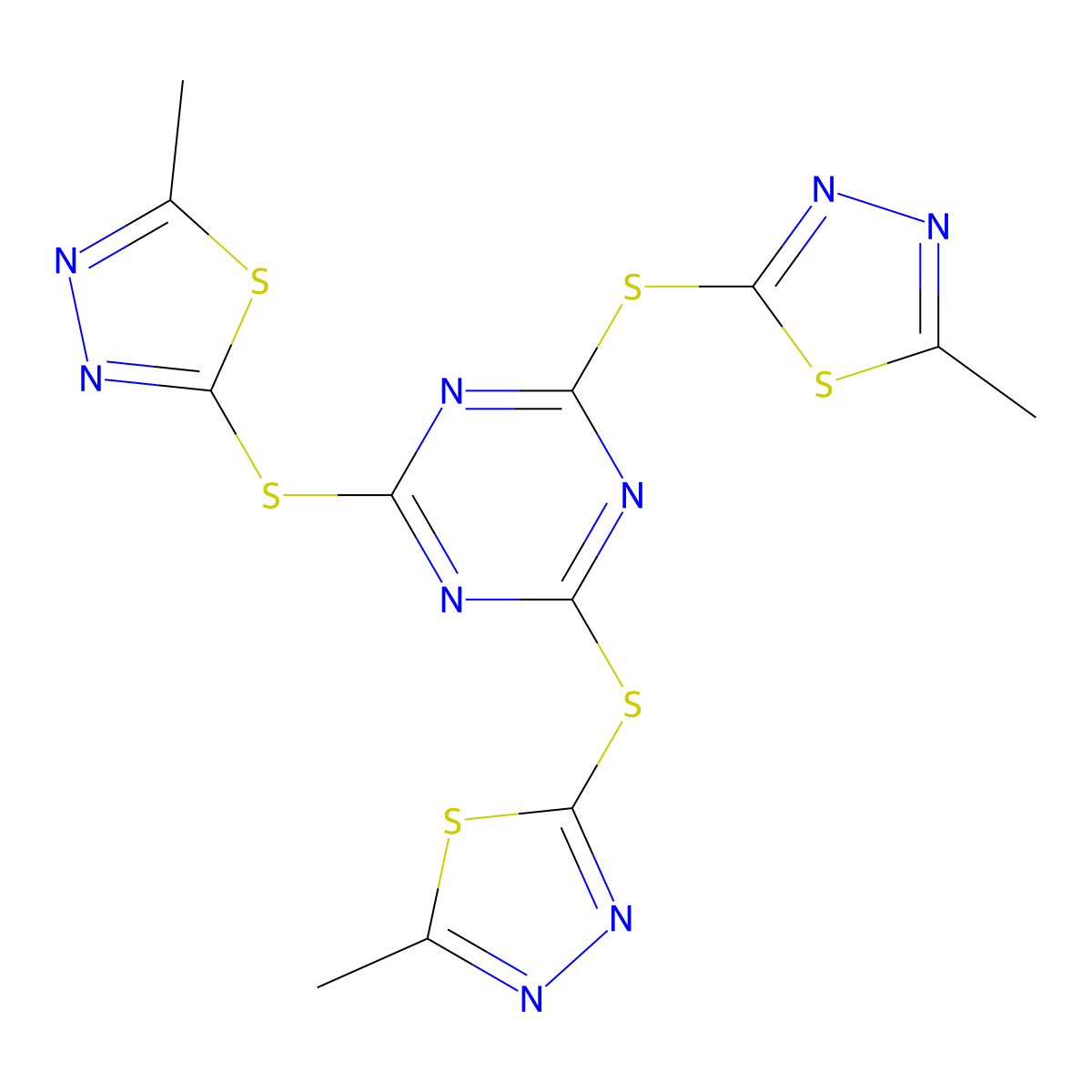 2,4,6-Tris[(5-methyl-1,3,4-thiadiazol-2-yl)sulfanyl]-1,3,5-triazine molecular structure, CAS 364609-10-9
