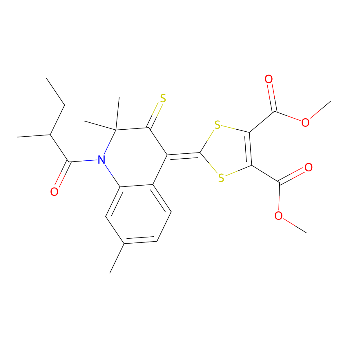 dimethyl 2-[2,2,7-trimethyl-1-(2-methylbutanoyl)-3-thioxo-2,3-dihydroquinolin-4(1H)-ylidene]-1,3-dithiole-4,5-dicarboxylate molecular structure, CAS 364610-75-3