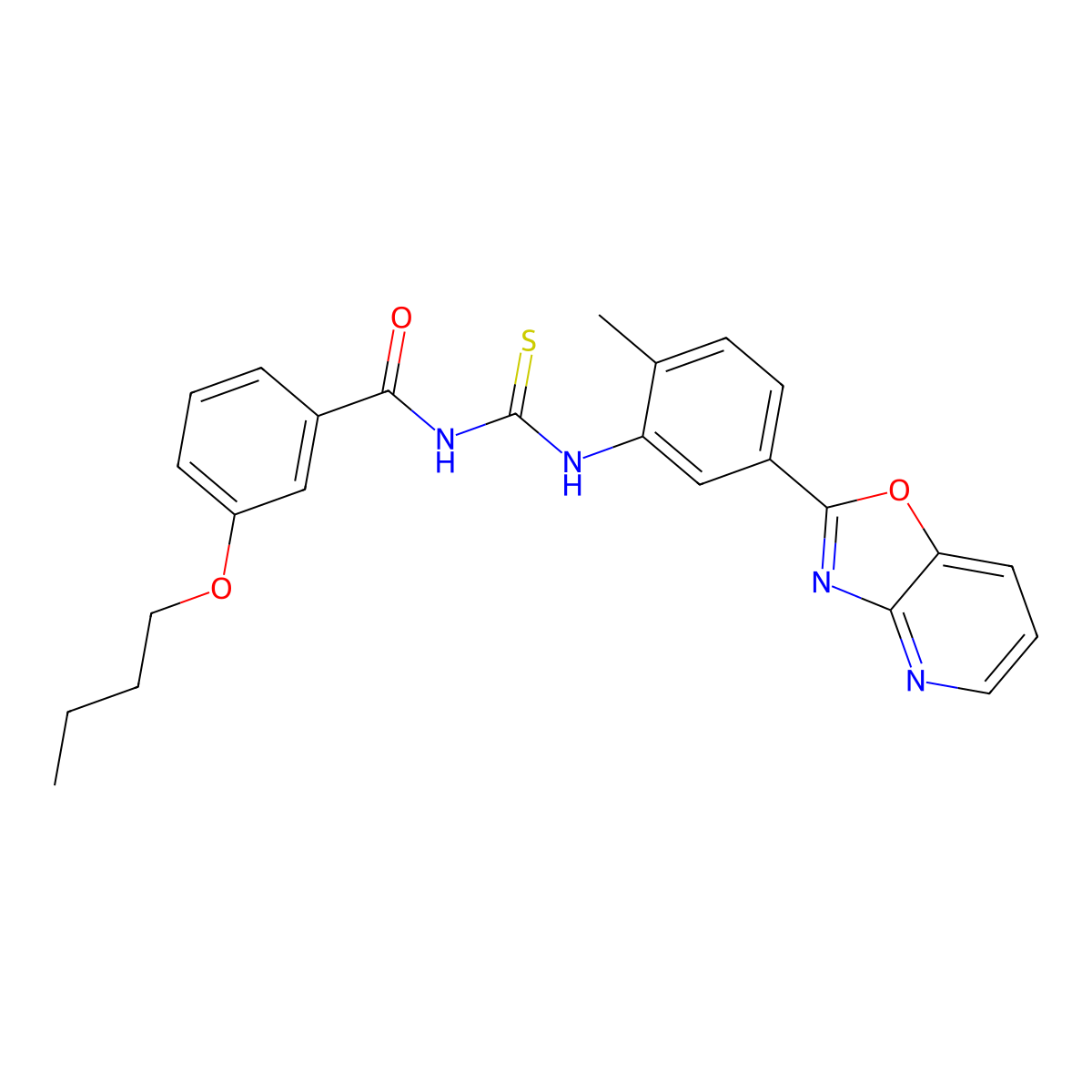 3-butoxy-N-[[2-methyl-5-([1,3]oxazolo[4,5-b]pyridin-2-yl)phenyl]carbamothioyl]benzamide molecular structure, CAS 364610-92-4