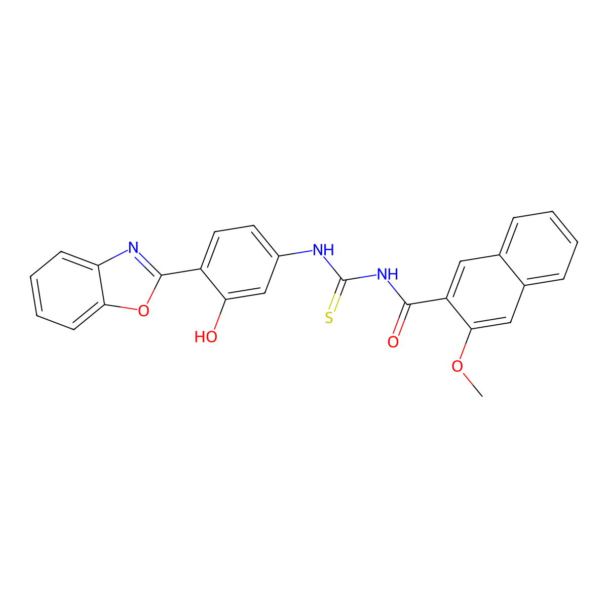 N-((4-(benzo[d]oxazol-2-yl)-3-hydroxyphenyl)carbamothioyl)-3-methoxy-2-naphthamide molecular structure, CAS 364611-94-9