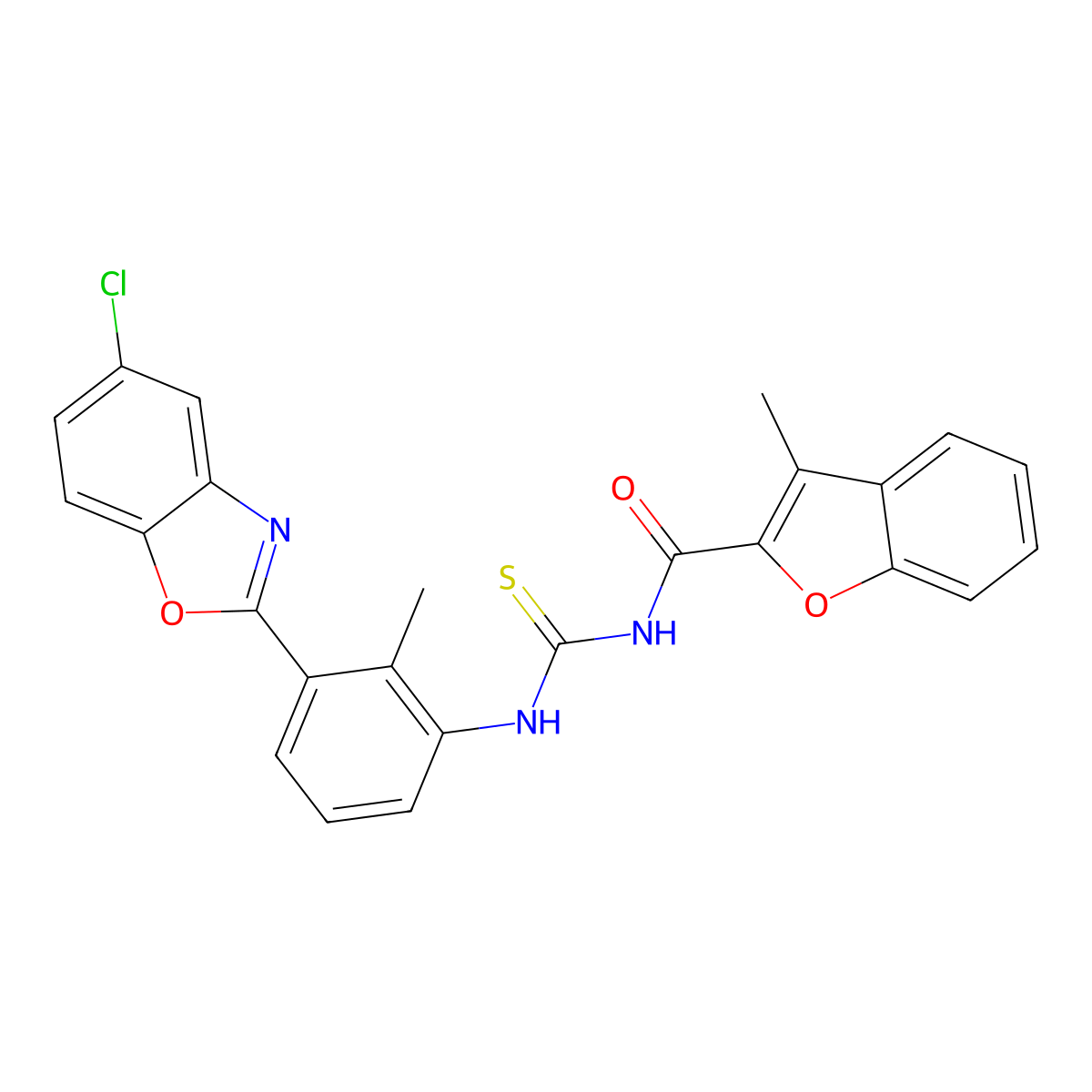 N-[[3-(5-chloro-1,3-benzoxazol-2-yl)-2-methylphenyl]carbamothioyl]-3-methyl-1-benzofuran-2-carboxamide molecular structure, CAS 364611-98-3