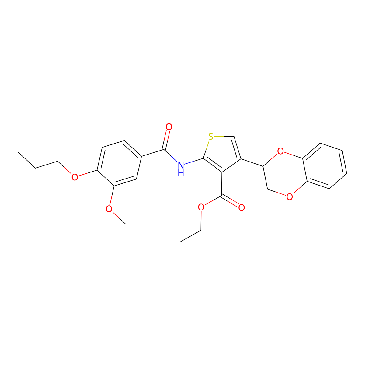 Ethyl 4-(2,3-dihydro-1,4-benzodioxin-2-yl)-2-[(3-methoxy-4-propoxybenzoyl)amino]-3-thiophenecarboxylate molecular structure, CAS 364612-53-3