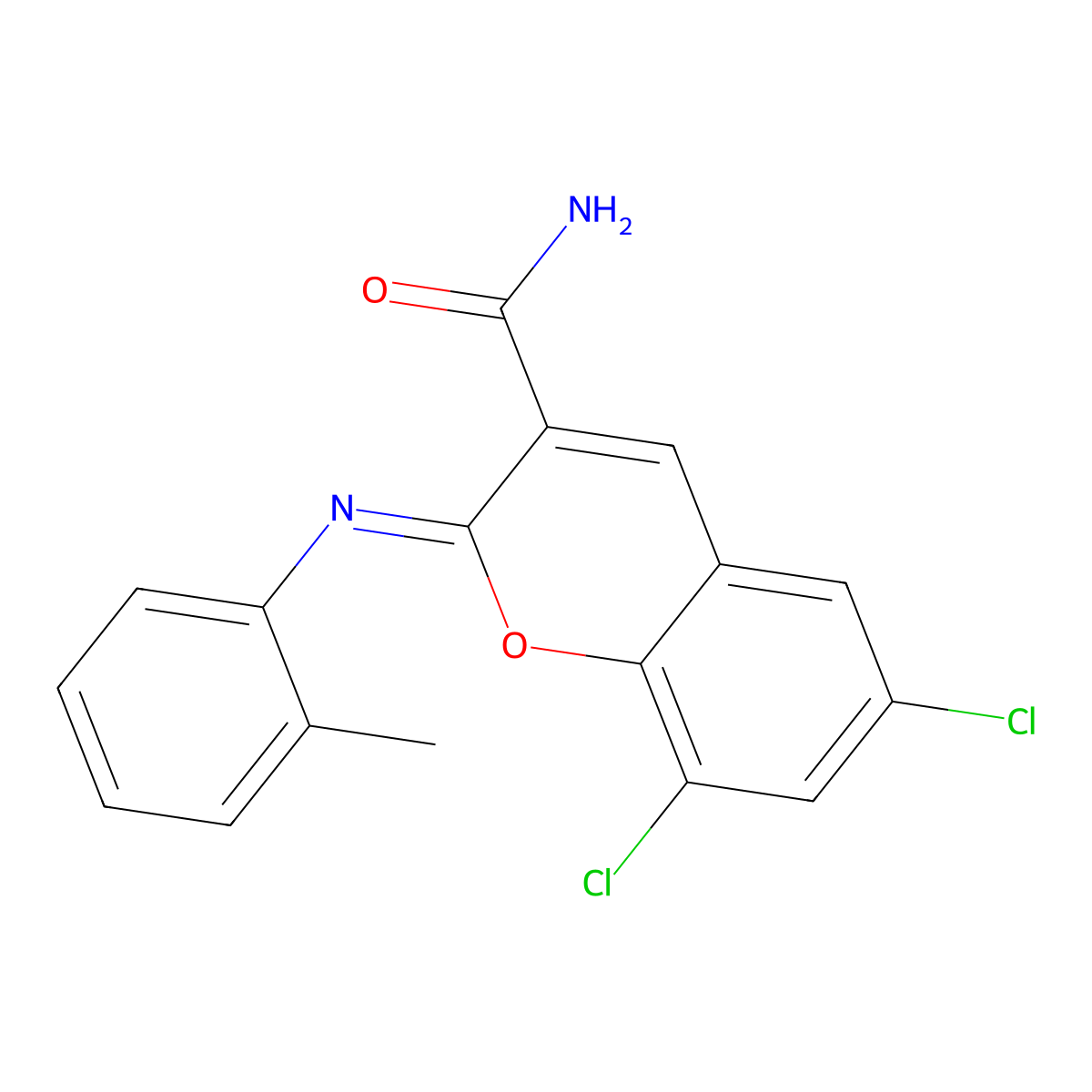 (2Z)-6,8-dichloro-2-[(2-methylphenyl)imino]-2H-chromene-3-carboxamide molecular structure, CAS 364612-77-1