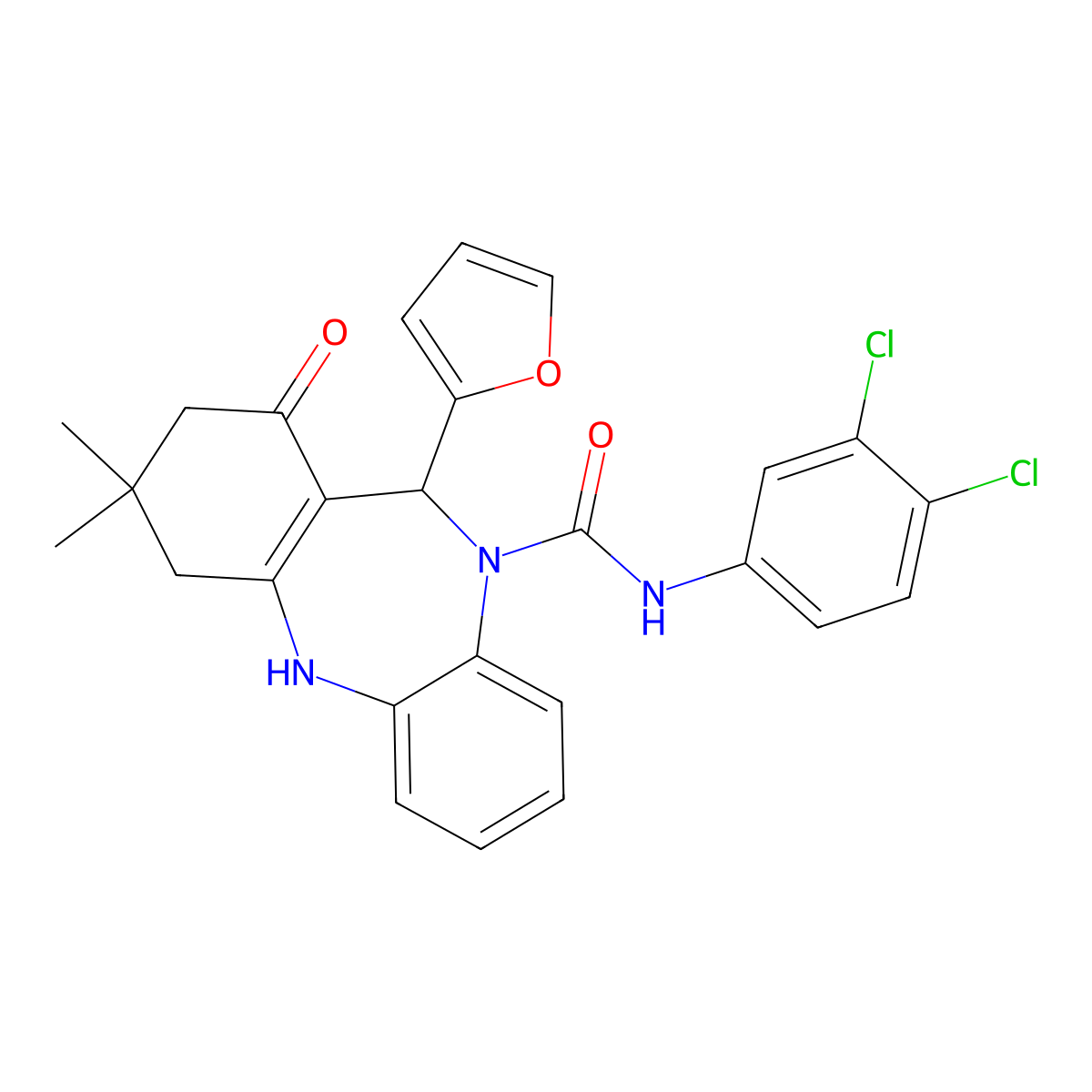 N-(3,4-dichlorophenyl)-6-(furan-2-yl)-9,9-dimethyl-7-oxo-6,8,10,11-tetrahydrobenzo[b][1,4]benzodiazepine-5-carboxamide molecular structure, CAS 364614-81-3