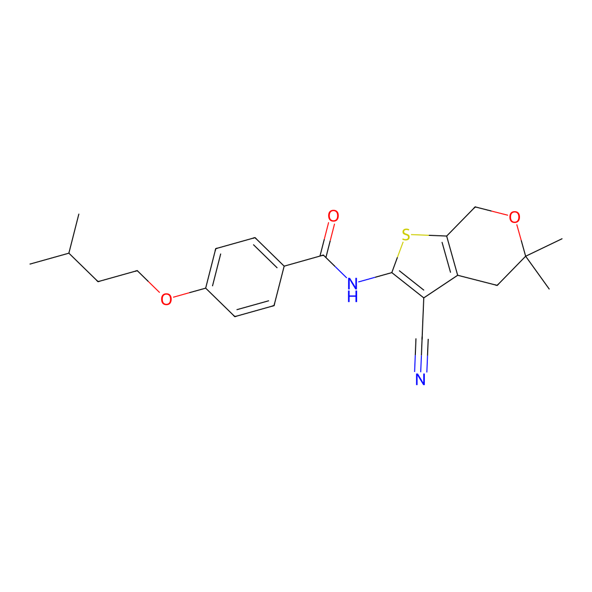 N-(3-cyano-5,5-dimethyl-4,7-dihydrothieno[2,3-c]pyran-2-yl)-4-(3-methylbutoxy)benzamide molecular structure, CAS 364615-08-7