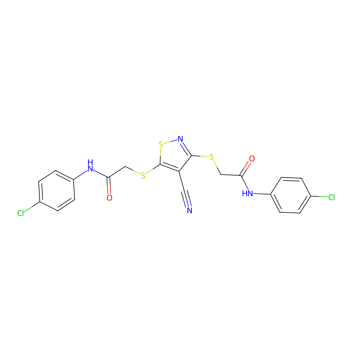 2-((3-((2-(4-Chloroanilino)-2-oxoethyl)sulfanyl)-4-cyano-5-isothiazolyl)sulfanyl)-N-(4-chlorophenyl)acetamide molecular structure, CAS 364615-75-8