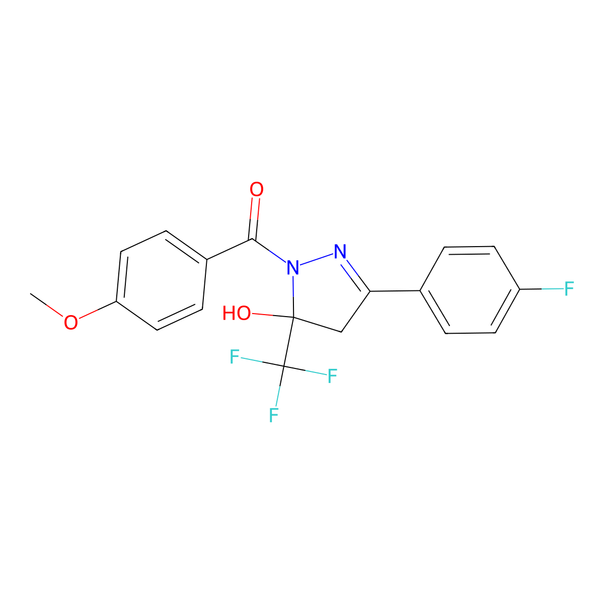 [3-(4-fluorophenyl)-5-hydroxy-5-(trifluoromethyl)-4,5-dihydro-1H-pyrazol-1-yl](4-methoxyphenyl)methanone molecular structure, CAS 364616-15-9