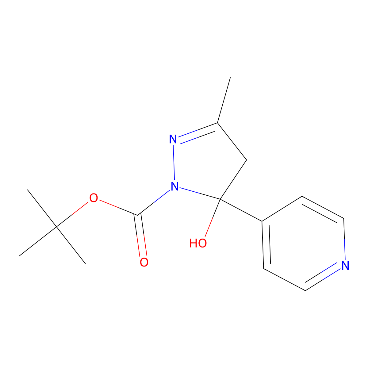 tert-butyl 5-hydroxy-3-methyl-5-(pyridin-4-yl)-4,5-dihydro-1H-pyrazole-1-carboxylate molecular structure, CAS 364617-46-9