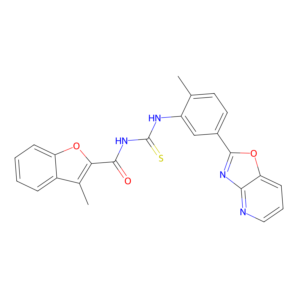 3-methyl-N-[[2-methyl-5-([1,3]oxazolo[4,5-b]pyridin-2-yl)phenyl]carbamothioyl]-1-benzofuran-2-carboxamide molecular structure, CAS 364619-49-8