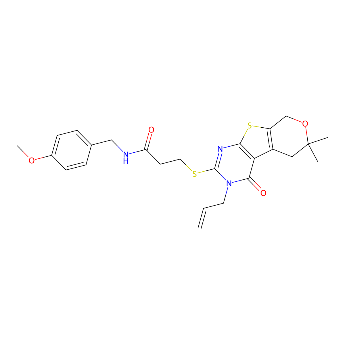 3-{[6,6-dimethyl-4-oxo-3-(prop-2-en-1-yl)-3,5,6,8-tetrahydro-4H-pyrano[4',3':4,5]thieno[2,3-d]pyrimidin-2-yl]sulfanyl}-N-(4-methoxybenzyl)propanamide molecular structure, CAS 364623-01-8