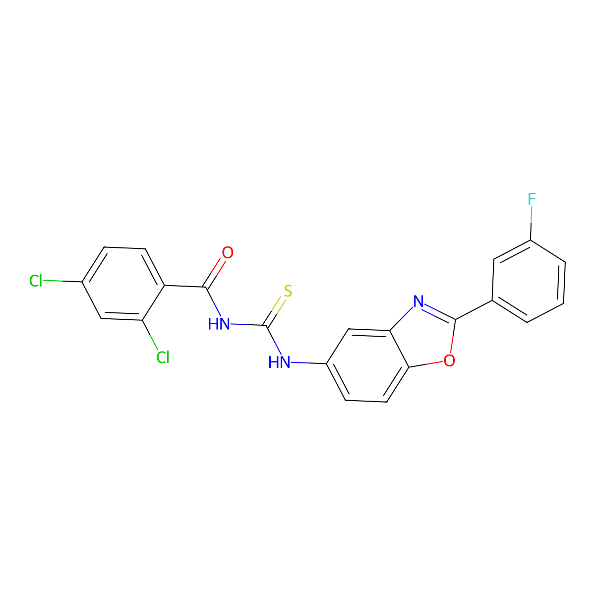 2,4-dichloro-N-{[2-(3-fluorophenyl)-1,3-benzoxazol-5-yl]carbamothioyl}benzamide molecular structure, CAS 364623-39-2