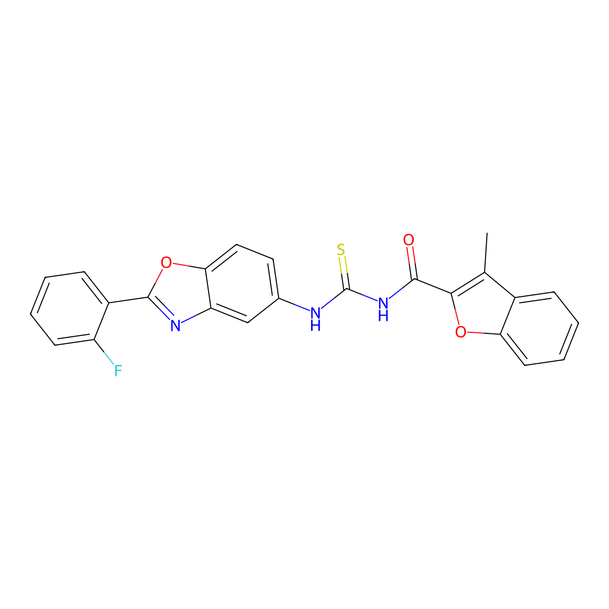 N-[[2-(2-fluorophenyl)-1,3-benzoxazol-5-yl]carbamothioyl]-3-methyl-1-benzofuran-2-carboxamide molecular structure, CAS 364624-02-2