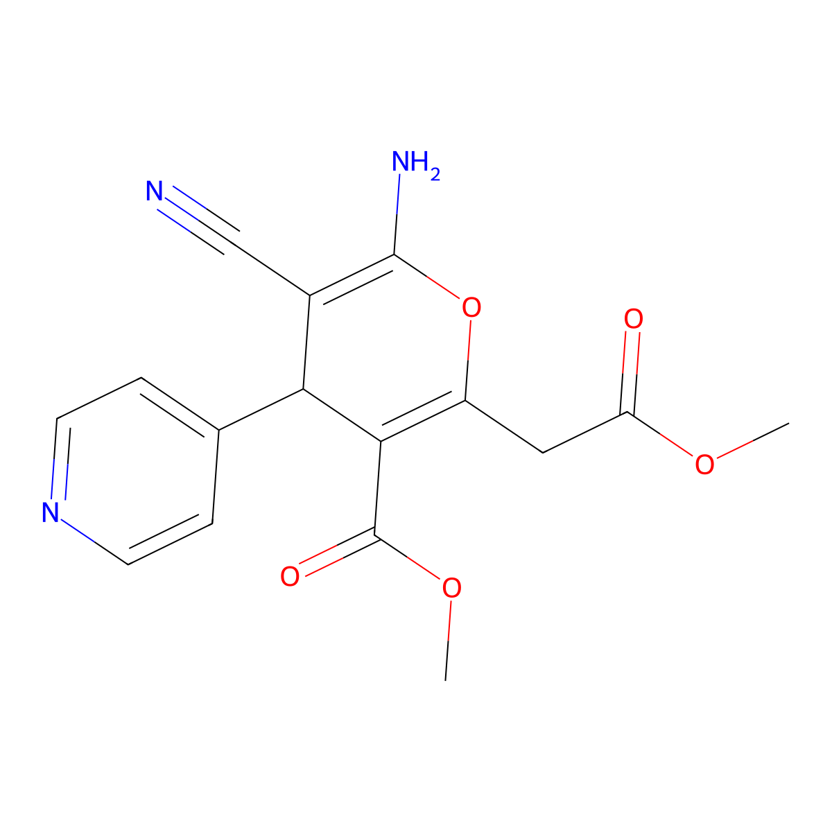 methyl 6-amino-5-cyano-2-(2-methoxy-2-oxoethyl)-4-(pyridin-4-yl)-4H-pyran-3-carboxylate molecular structure, CAS 364625-91-2