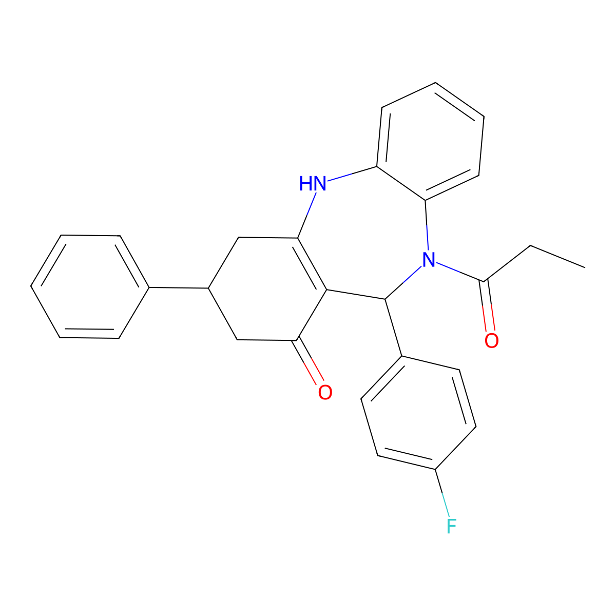 6-(4-fluorophenyl)-9-phenyl-5-propanoyl-8,9,10,11-tetrahydro-6H-benzo[b][1,4]benzodiazepin-7-one molecular structure, CAS 364627-75-8