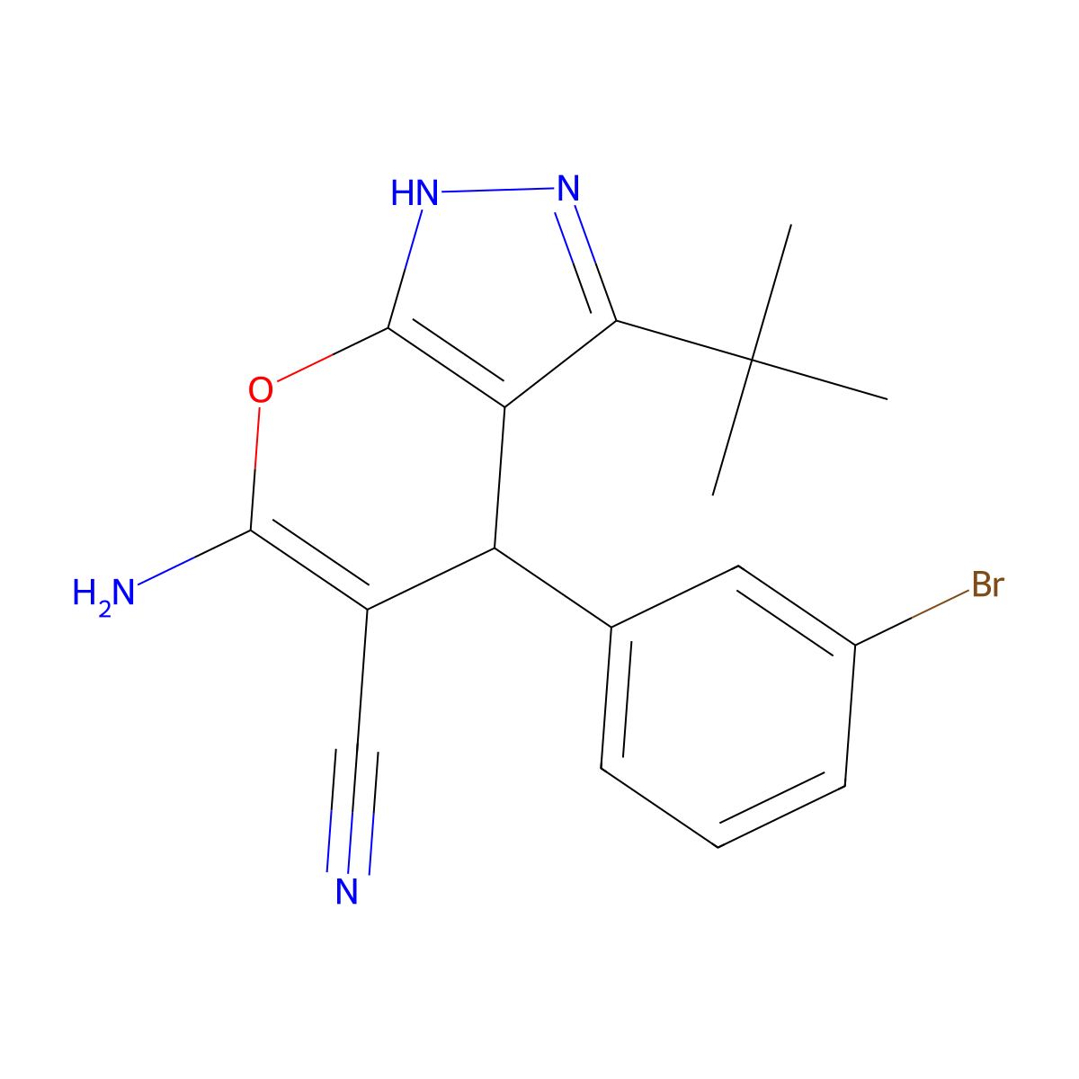 6-Amino-4-(3-BR-PH)-3-tert-butyl-1,4-dihydropyrano(2,3-C)pyrazole-5-carbonitrile molecular structure, CAS 364627-94-1