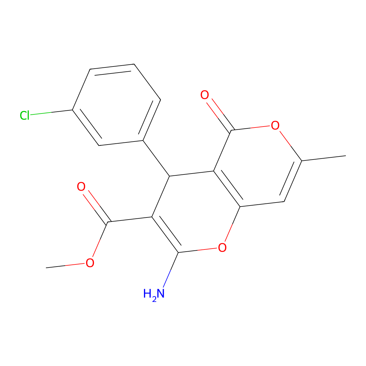 Methyl 2-amino-4-(3-chlorophenyl)-7-methyl-5-oxo-4,5-dihydropyrano[4,3-b]pyran-3-carboxylate molecular structure, CAS 364628-65-9
