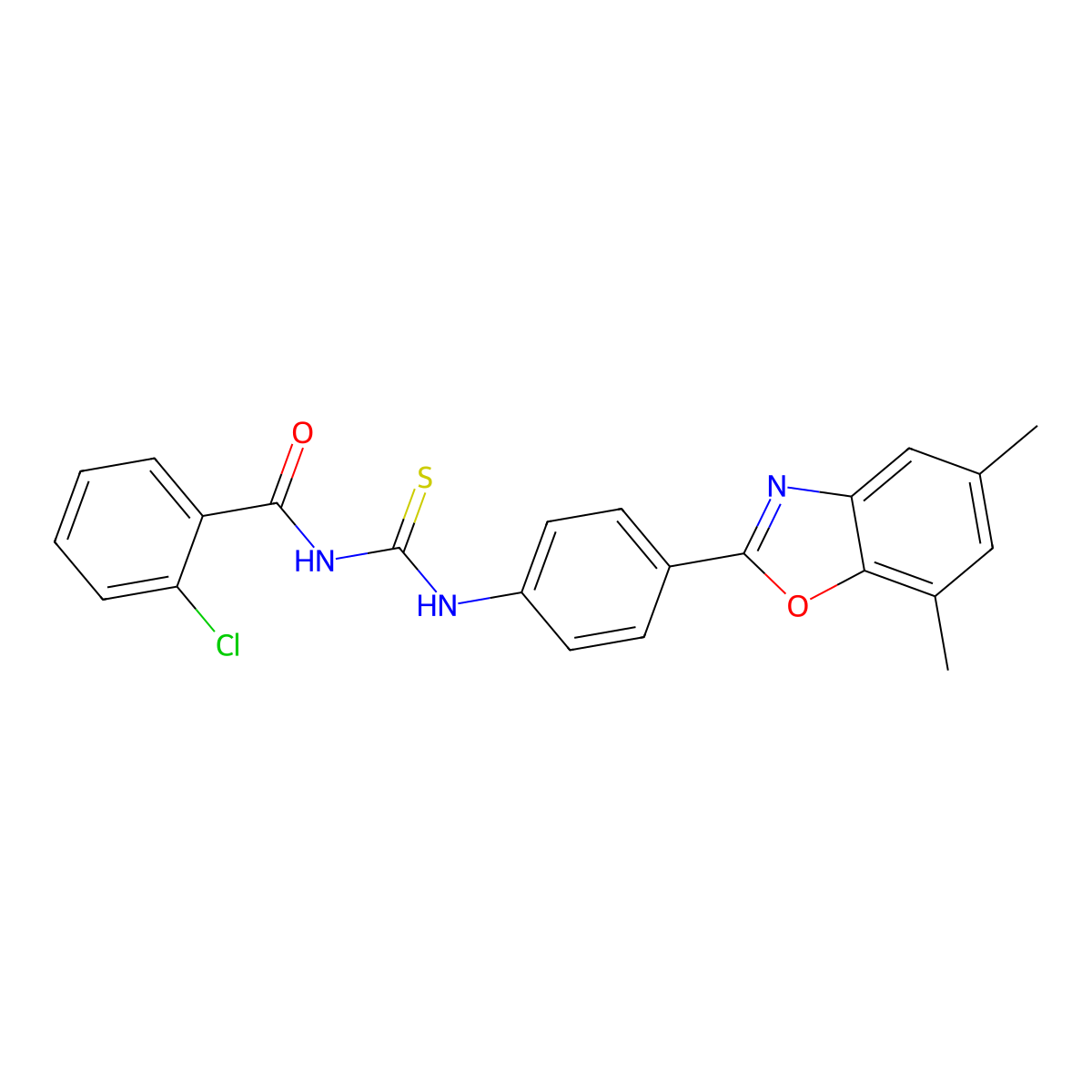 2-chloro-N-[[4-(5,7-dimethyl-1,3-benzoxazol-2-yl)phenyl]carbamothioyl]benzamide molecular structure, CAS 364739-13-9