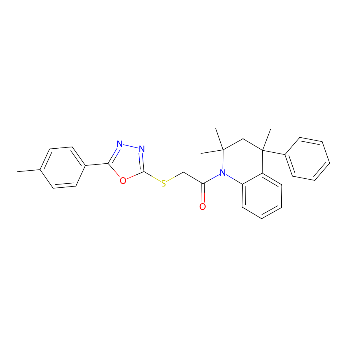 1-(3,4-Dihydro-2,2,4-trimethyl-4-phenyl-1(2H)-quinolinyl)-2-((5-(4-methylphenyl)-1,3,4-oxadiazol-2-yl)thio)ethanone molecular structure, CAS 364739-47-9