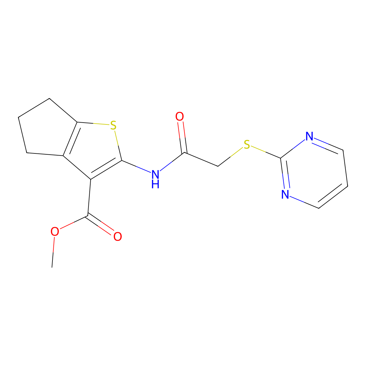 methyl 2-(2-(pyrimidin-2-ylthio)acetamido)-5,6-dihydro-4H-cyclopenta[b]thiophene-3-carboxylate molecular structure, CAS 364739-68-4