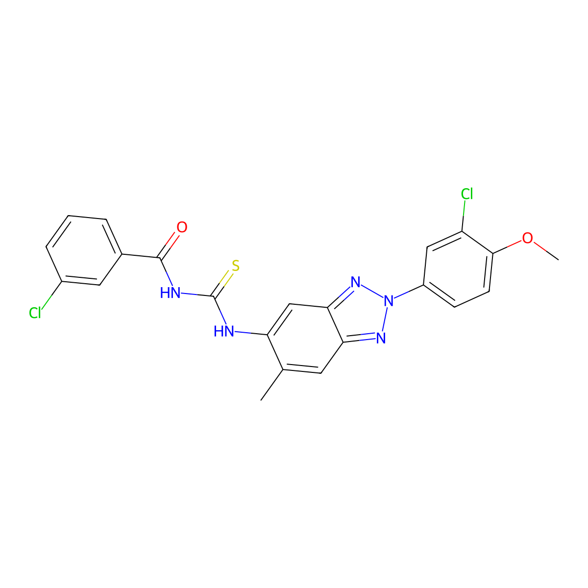 3-chloro-N-[[2-(3-chloro-4-methoxyphenyl)-6-methylbenzotriazol-5-yl]carbamothioyl]benzamide molecular structure, CAS 364739-69-5