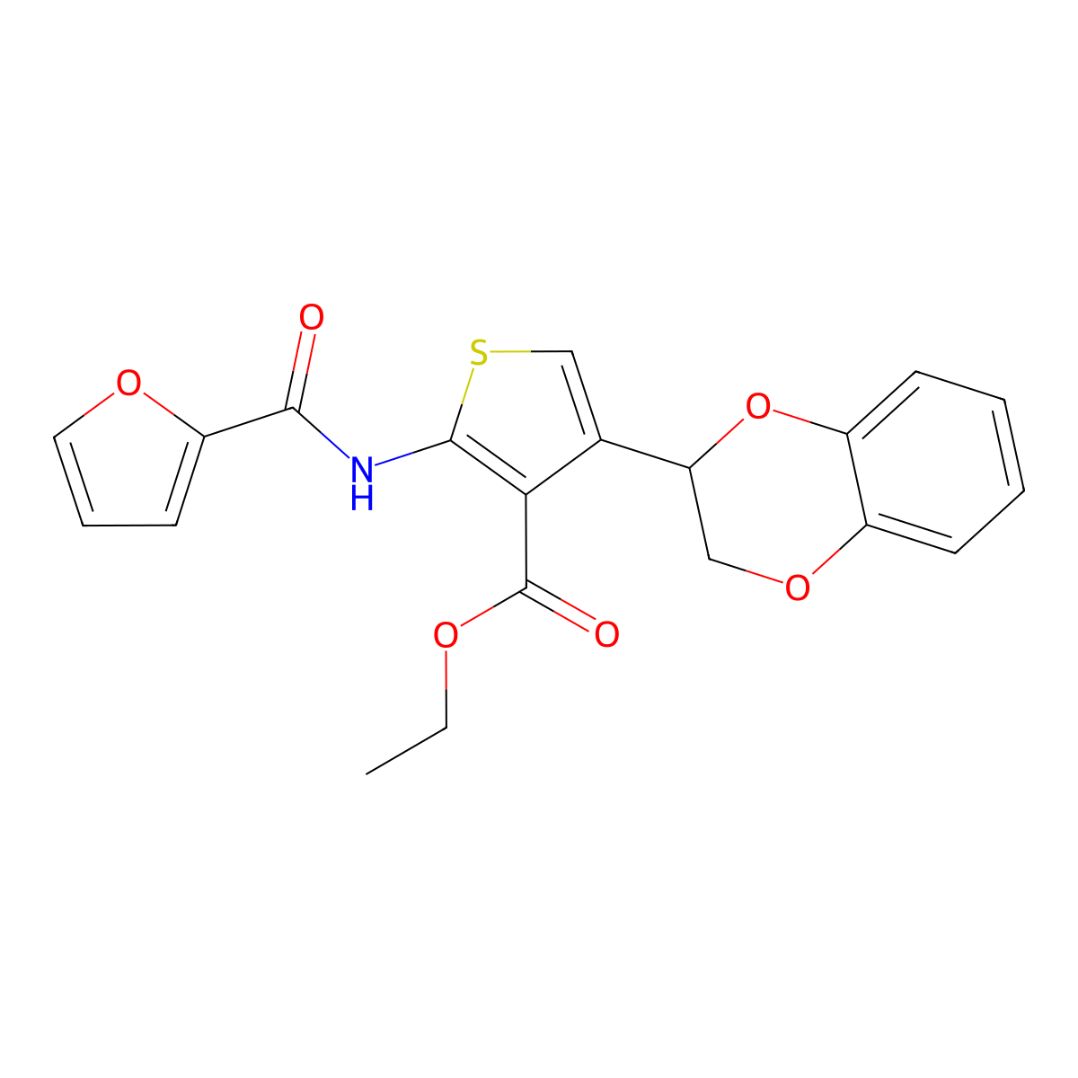 Ethyl 4-(2,3-dihydro-1,4-benzodioxin-2-yl)-2-(2-furoylamino)-3-thiophenecarboxylate molecular structure, CAS 364741-56-0