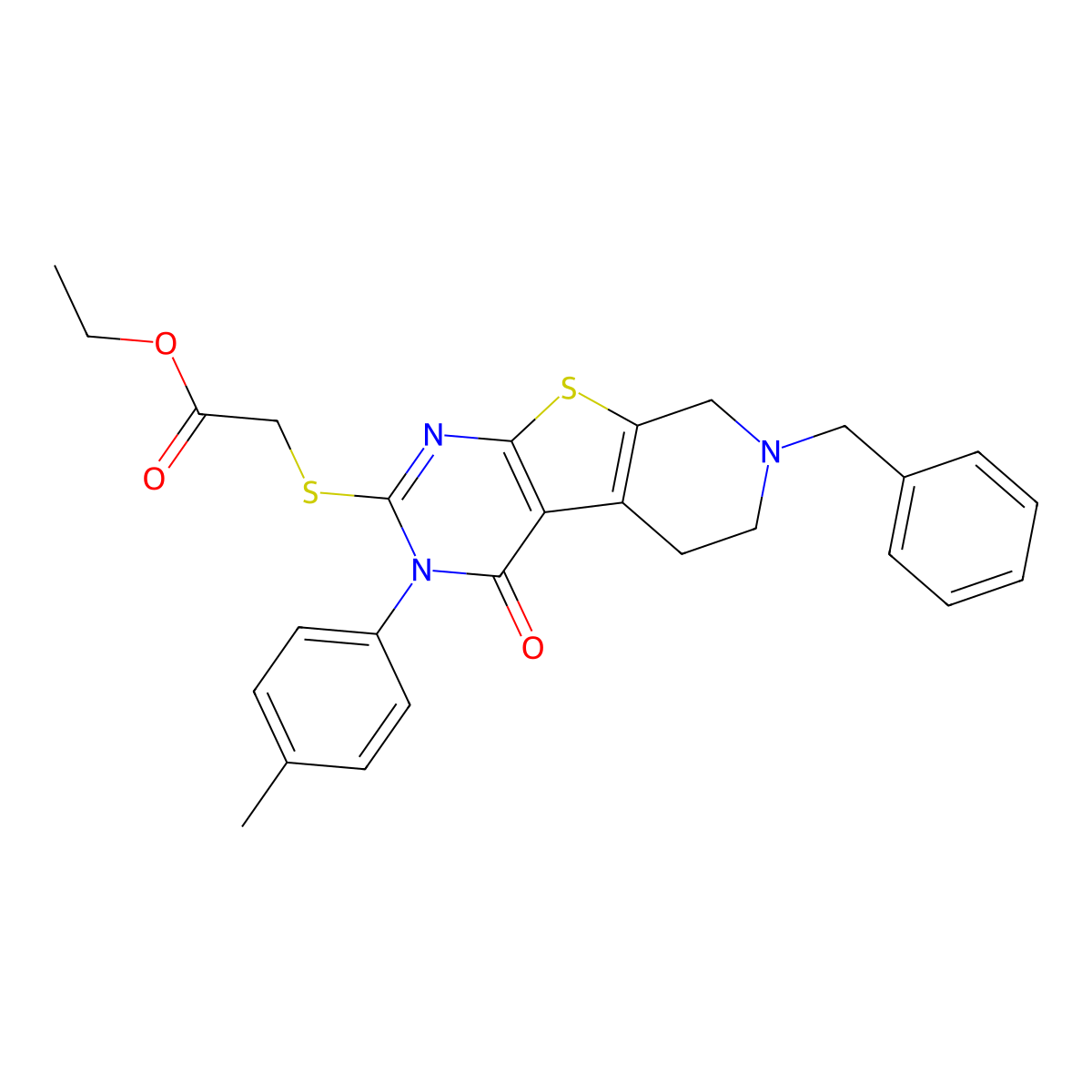Ethyl 2-((7-benzyl-4-oxo-3-(p-tolyl)-3,4,5,6,7,8-hexahydropyrido[4',3':4,5]thieno[2,3-d]pyrimidin-2-yl)thio)acetate molecular structure, CAS 364742-70-1