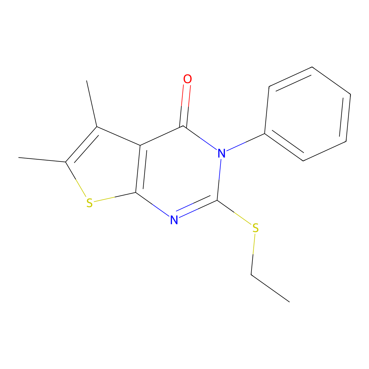 2-Ethylsulfanyl-5,6-dimethyl-3-phenylthieno[2,3-d]pyrimidin-4-one molecular structure, CAS 364742-85-8