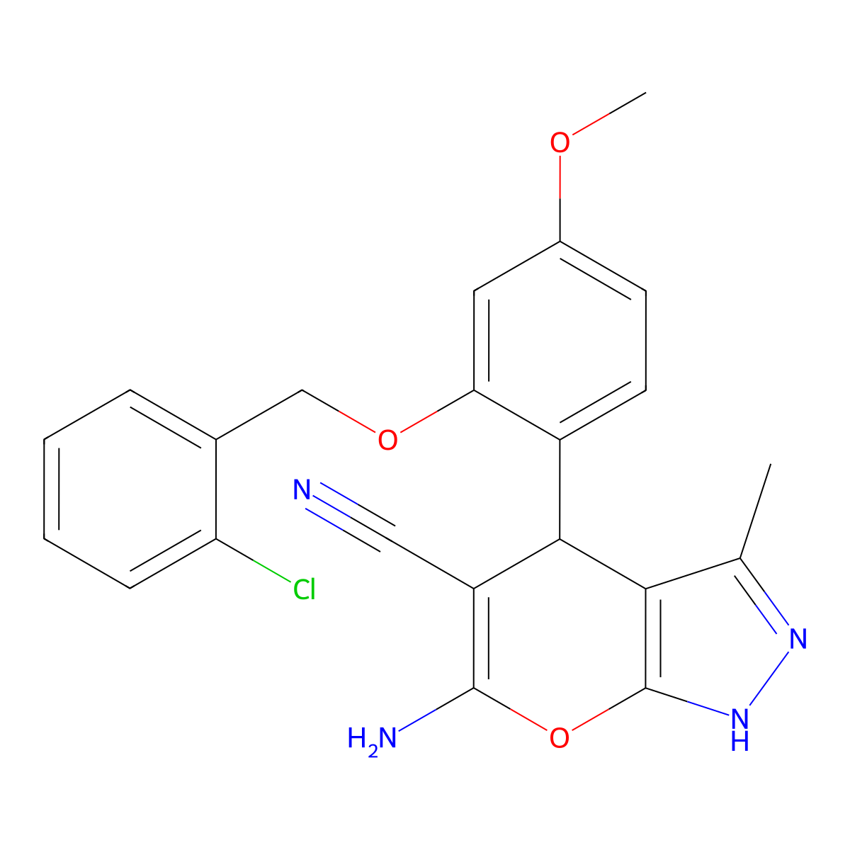 6-Amino-4-{2-[(2-chlorobenzyl)oxy]-4-methoxyphenyl}-3-methyl-1,4-dihydropyrano[2,3-c]pyrazole-5-carbonitrile molecular structure, CAS 364744-00-3
